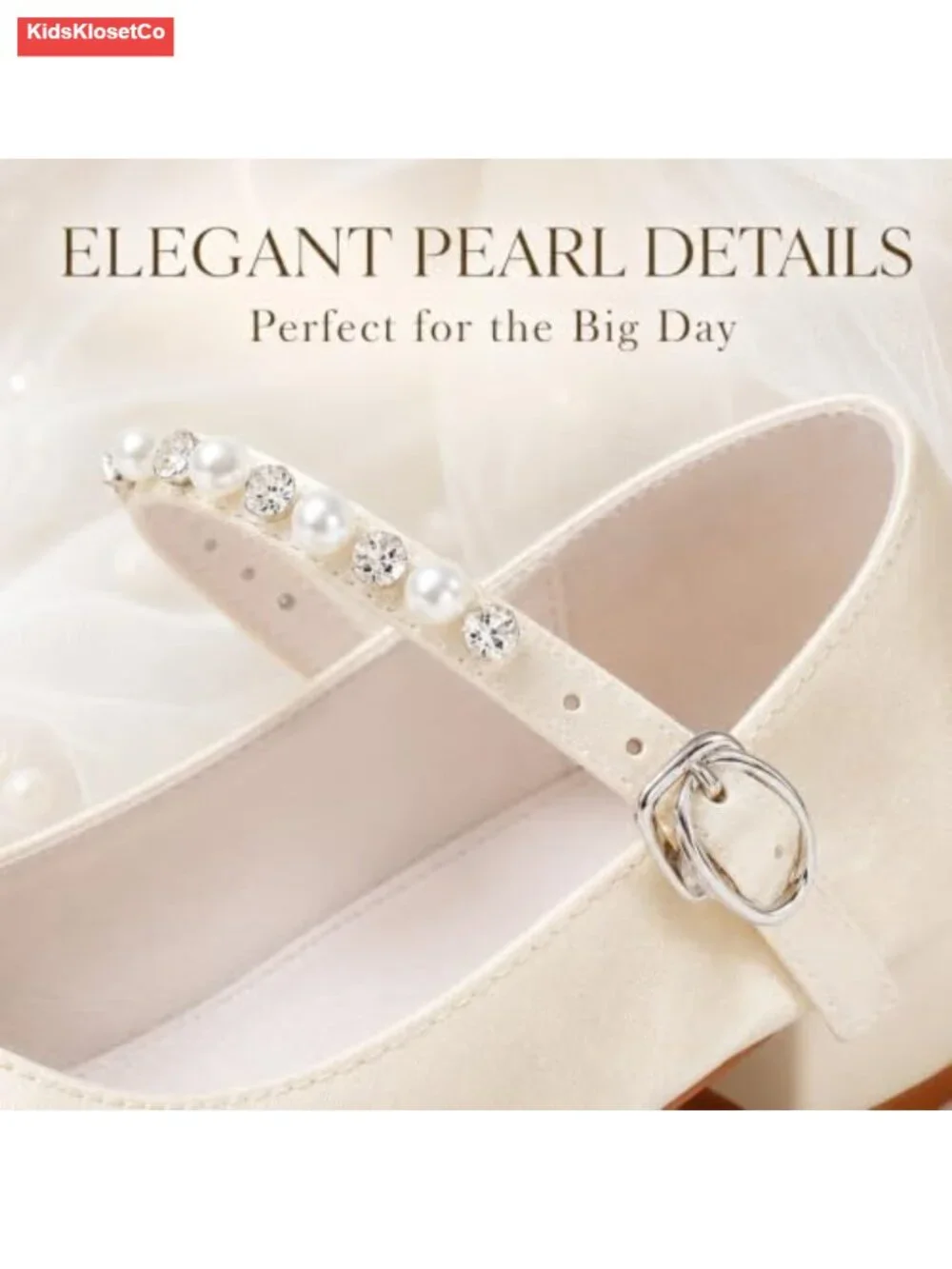 Pearl Rhinestone Princess Dress Shoes with Low Block Heel for Big Girls